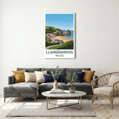 Llangrannog, Wales - Seaside Romance Travel Poster, Vintage Coastal Print. Giclee Print on Wrapped Canvas. Wall Art, Home Decor - Cities & Towns, Wales 1 Piece Wrapped Canvas Wall Art