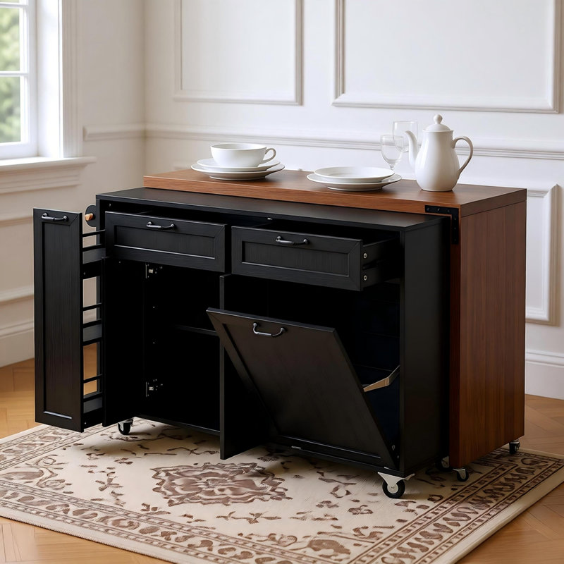 Îlot de cuisine 102,3 po avec table de salle à manger extensible, chariot d'îlot roulant avec armoire de rangement pour poubelles, support à épices coulissant à 3 niveaux, table d'îlot mobile sur roulettes pour la cuisine, la salle à manger, noir