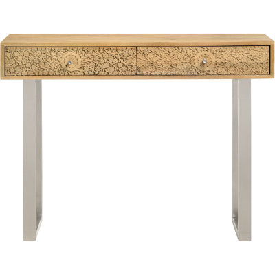 Natural And Silver Finish 2 - Drawer Rectangular Console, Sled Style Base For Modern Appeal, Easy Access Drawers, 12 Inches Wide Harmony Wood Tones With Highlights, Stability, Classic Design, Mango