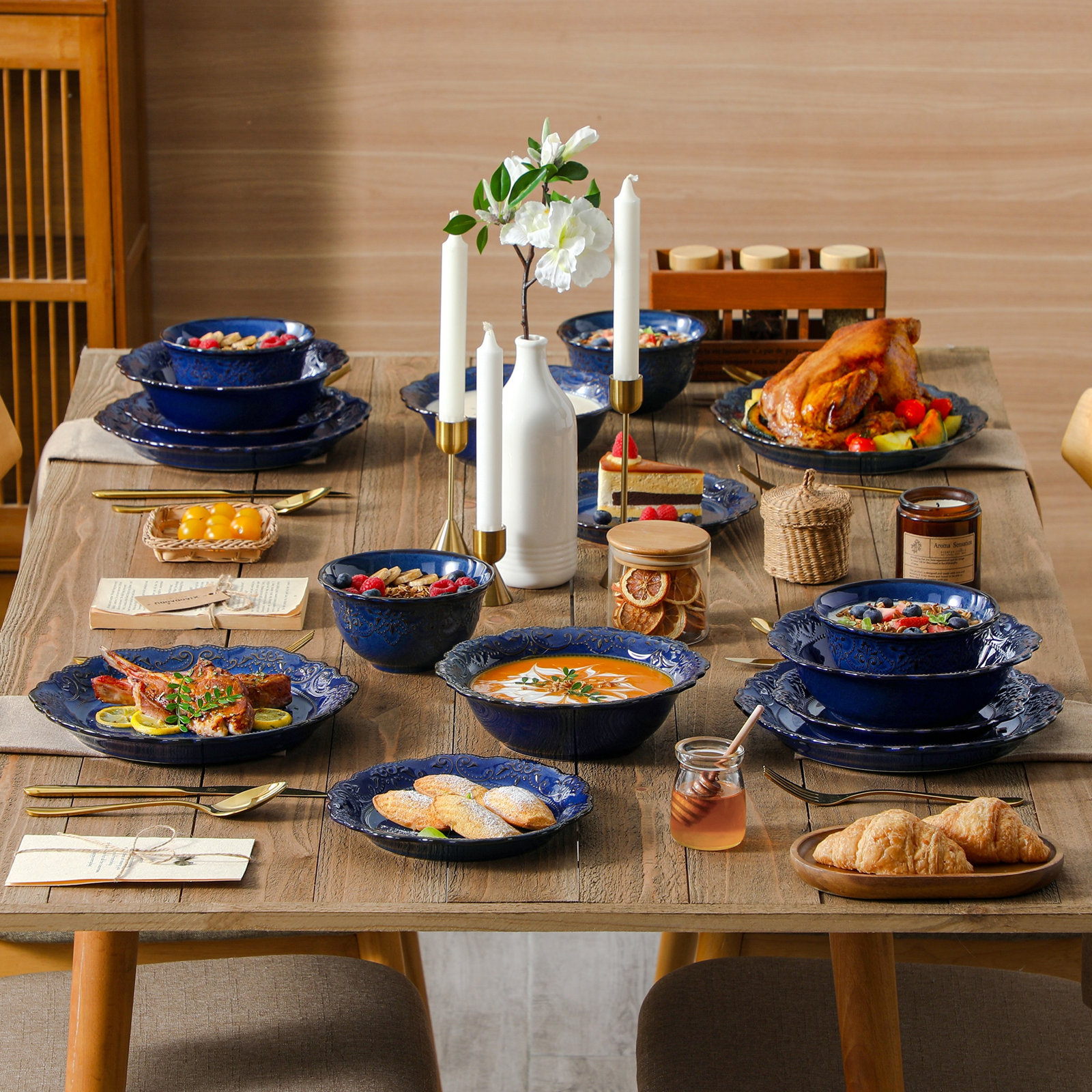 16-Piece Vintage Embossed Stoneware Dinnerware Set, Service For 4, Blue