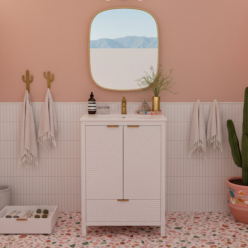 Meuble-lavabo simple de 24 pouces avec lavabo en céramique, portes texturées et pieds en pin, rangement à 1 tiroir et porte à fermeture en douceur