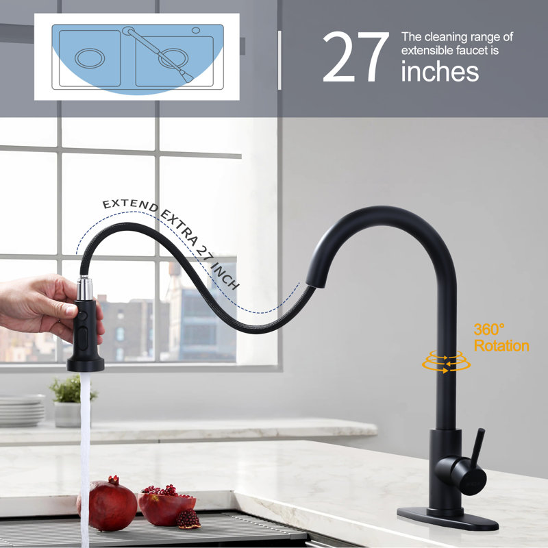 Robinet de cuisine rétractable à poignée simple avec jet avancé 3 modes, Noir