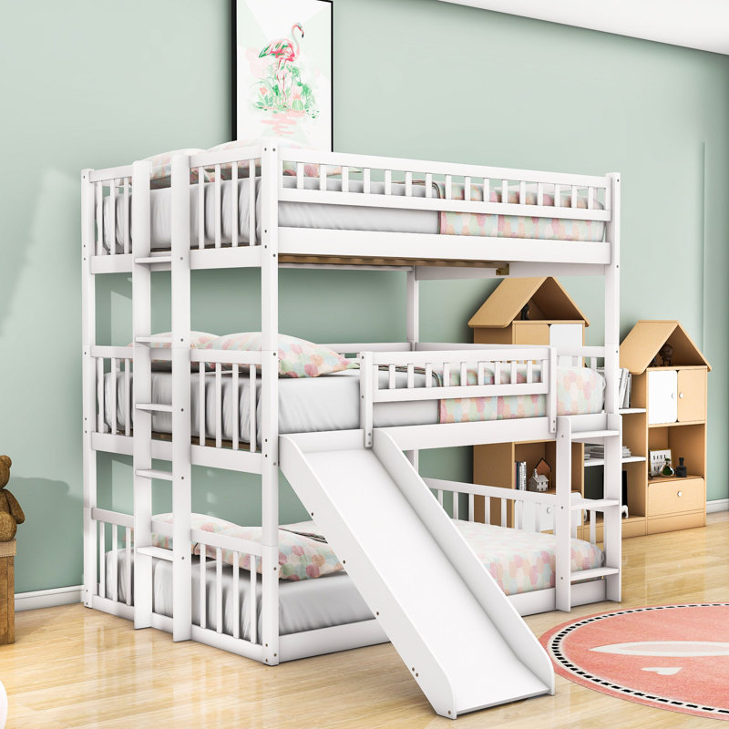 Elester Full Over Full Over Full Wooden Triple / Quad Bunk Bed with Slide, White