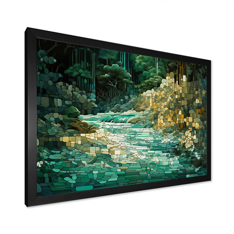 Abstrait forêt émeraude sauvage, rivière I, Cadre simple noir, H 30 po x l 40 po x P 1,5 po