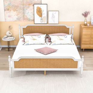 Wood Platform Bed with Rattan Headboard and Footboard