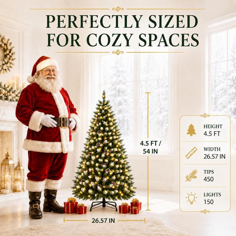Arbre de Noël artificiel 4,5 pi avec 450 pointes, 150 lumières et un pied en métal pliable
