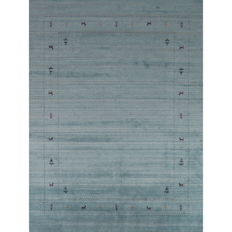 Tapis oriental bleu en coton noué à la main 8 pi x 9 pi 11 po Thanasi