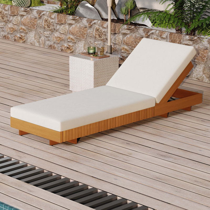 Chaise longue en bois massif d'acacia avec coussin de détente, Crème, crème