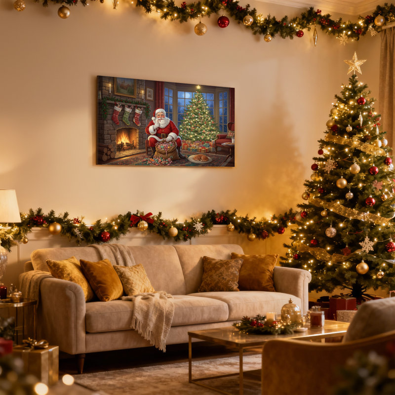 Ensemble de 3 reproductions d'art sur toile, père Noël par foyer avec arbre, H 24 po x l 36 po