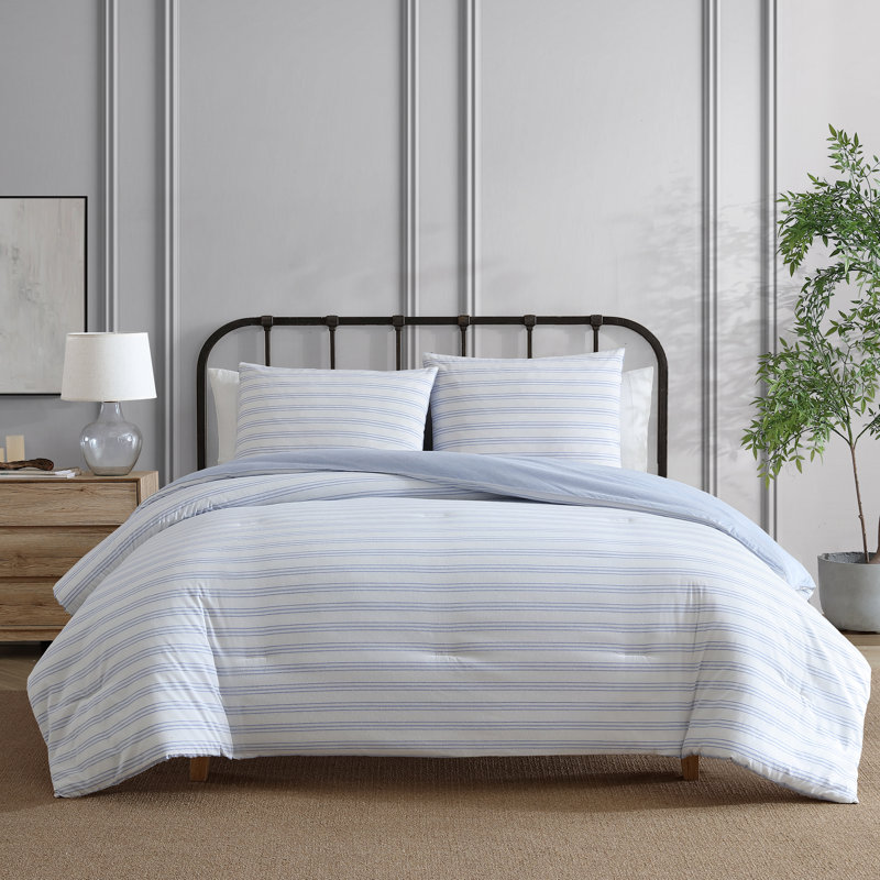 Easy Eco Cotton Blend Reversible Comforter Set, Queen Comforter + 2 Shams, Blue