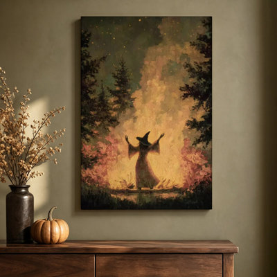 Tableau sur toile tendue représentant une sorcière dans une forêt enchantée pour l'Halloween, avec lumière scintillante, 50 x 75 cm