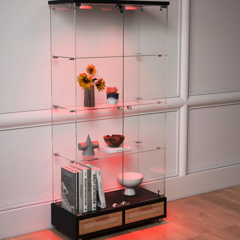 Quick - Assembly Antique Cabinet, 2 Door Glass Display, 4 Shelves, Black And Natural, 13 Colour Led Lighting, , Wine, Kitchen Lights, Modern Small Space , Design, Collectibles
