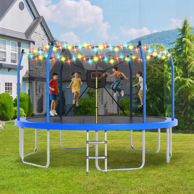 Trampoline avec lumières et panier de basketball, parfait pour le divertissement nocturne et le divertissement familial