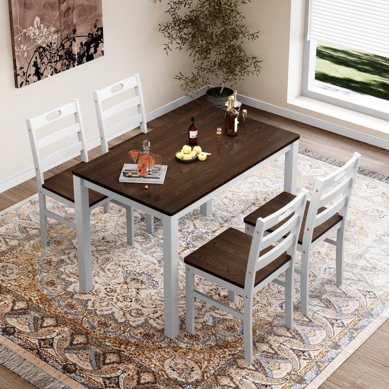 5-Piece Kitchen Dining Table Sets, Space-Saving Solid Wood Kitchen Dining Sets with 4 Slat Back Chairs, Dark Walnut/White
