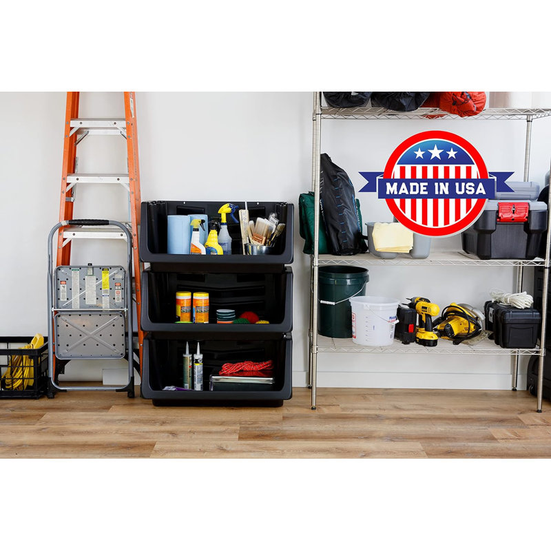 Mighty Tuff Heavy Duty Nesting Stack Bins, 3 Pack, Holds Up To 100 lbs, Black