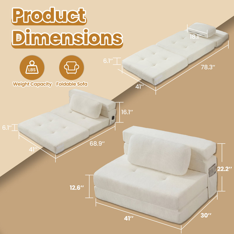 4-in-1 Convertible Sofa Bed with Pull Out Bed – No Assembly Required, Corduroy Beige