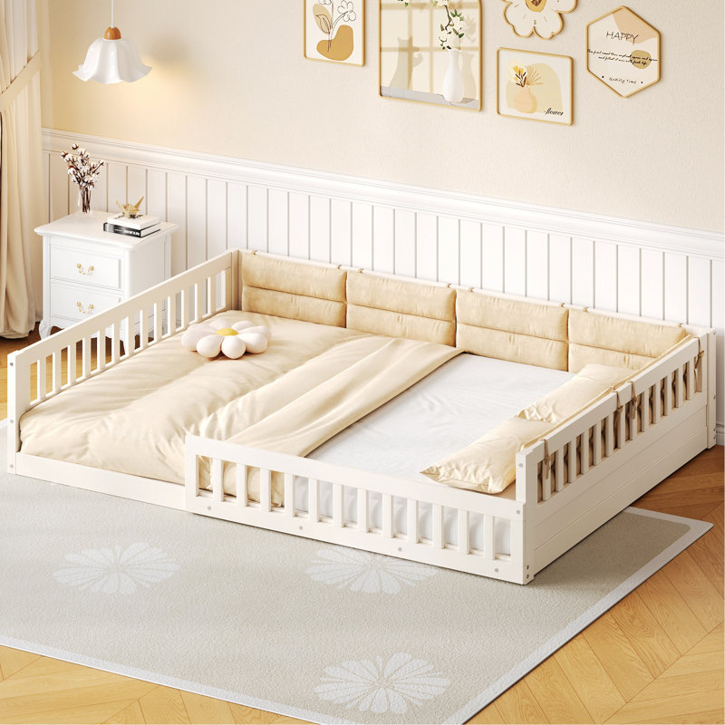 Modern Bed Frame For Bedroom, Guest Room, Bedroom Bed Wood Upholstered Platform Bed With Guardrail, Beige
