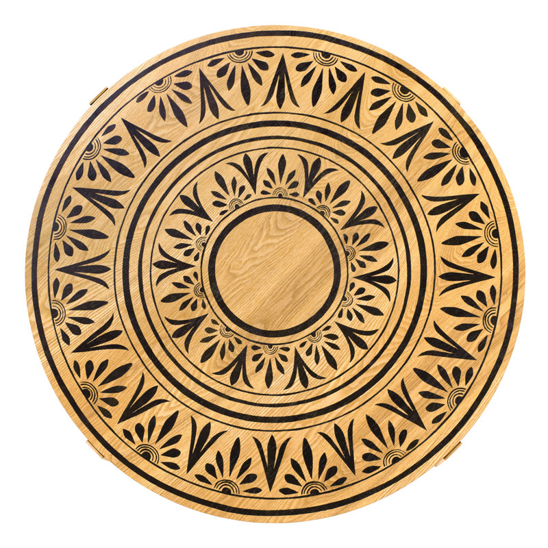 Natural Wood and Metal Round Coffee Table with Floral Design