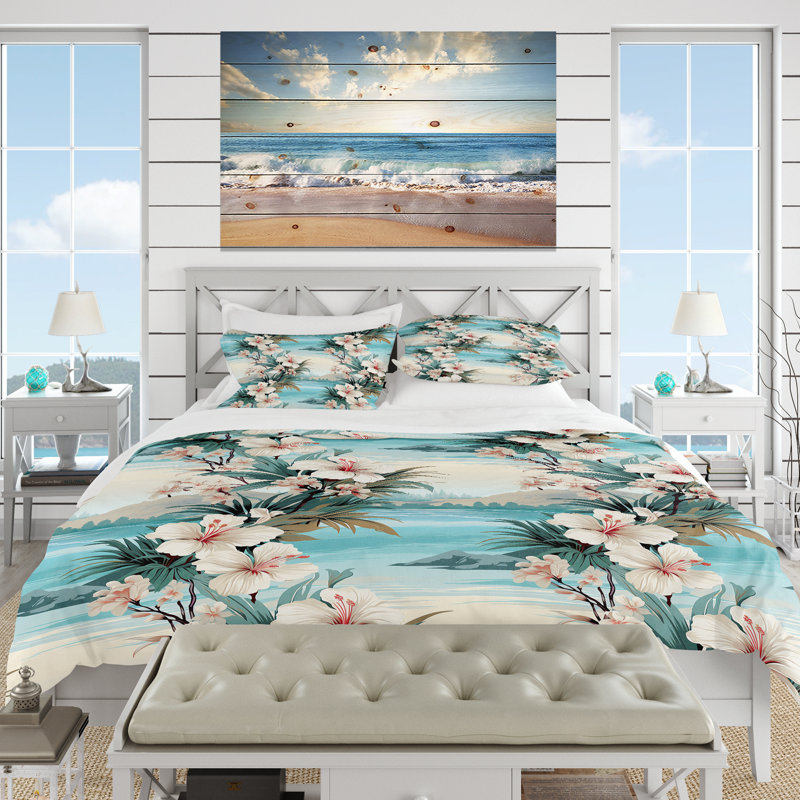 Floral Duvet Cover Set - Seaside Reflections Tropical Pattern, King Duvet Cover + 2 King Shams