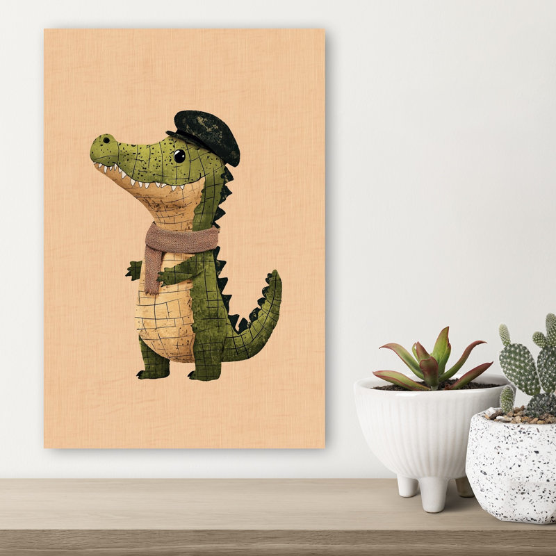 Cute Dapper Crocodile Playful Whimsical Contemporary Alligator Crocodile Wall Art Print by Mathieu - Wrapped Canvas Print