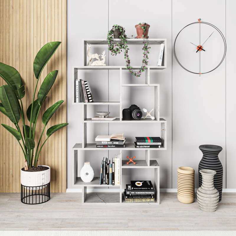 Sandra Bookcase | Asymmetric Freestanding Bookcase with 10 Compartments, Grey
