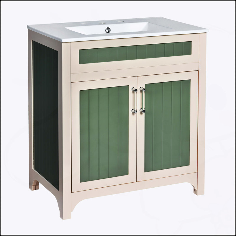 Armoire de meuble-lavabo 30 po avec lavabo en céramique, structure en bois massif, solution de rangement moderne avec tablette réglable en hauteur