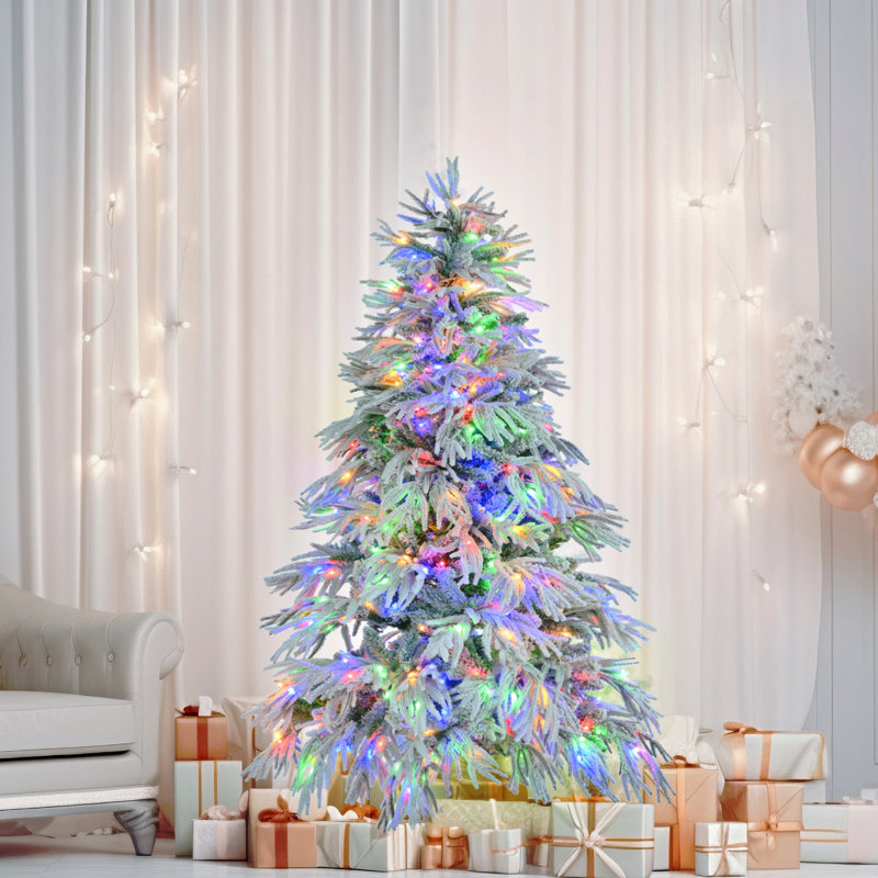 Arbre de Noël enneigé épinette 6 pi, arbre de Noël articulé artificiel avec 300 lumières DEL multicolores, 8 modes de clignotement et 790 pointes de branches de neige, décoration de bureau de vacances