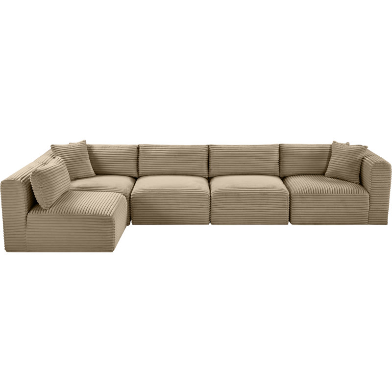 Canapé modulaire en L Carmean Performance, Velours côtelé texturé taupe, 3 sans accoudoirs, 2 en coin