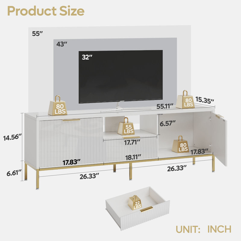 Kruszewski 55" Fluted TV Stand for 60 Inch TV, Glossy Media Console with Wave Pattern Buffet Cabinet, White