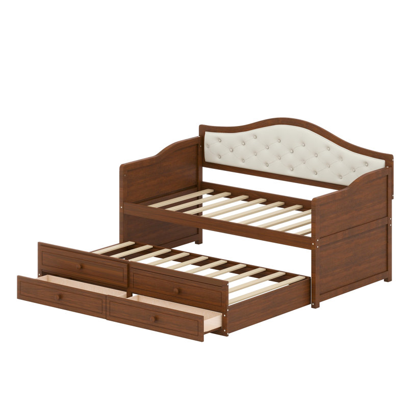 Upholstered Button-Tufted Daybed with Pull-Out Trundle and Storage Drawers, Walnut