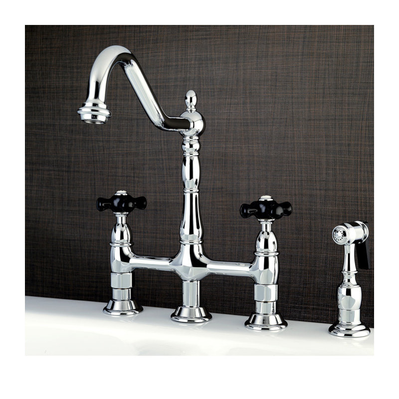 Kingston Brass Duchess Two-Handle 4-Hole Deck Mount Bridge Kitchen Faucet with Brass Side Sprayer, Polished Chrome