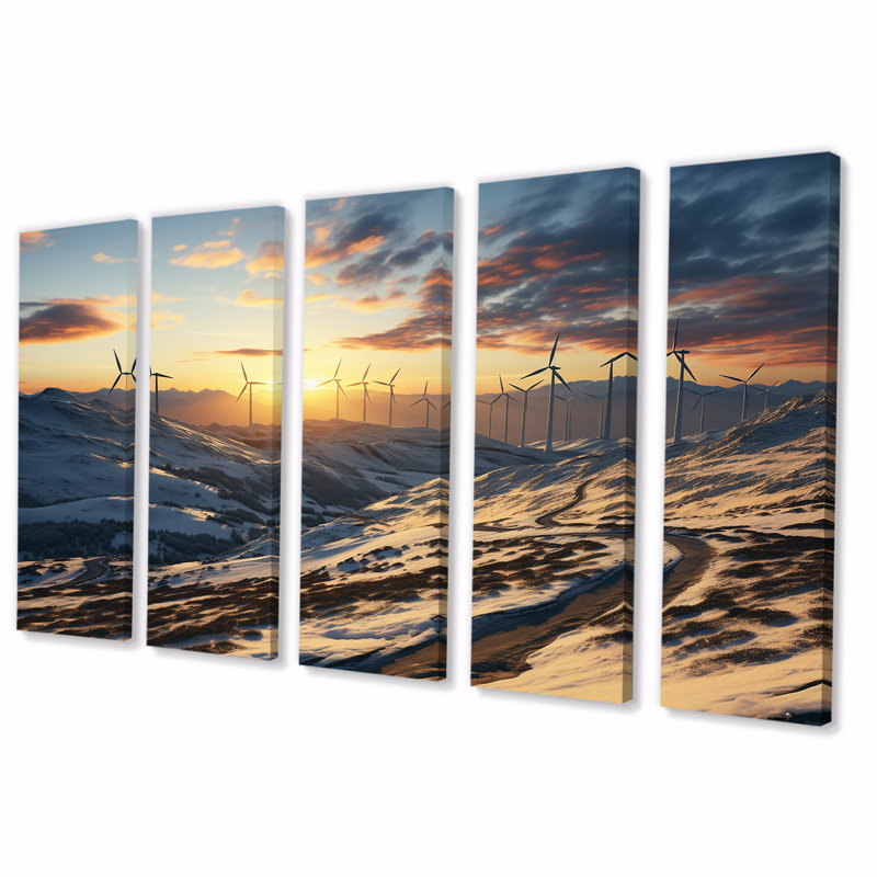 «Sunset Wind Turbines Mountain View III - Wind Turbines», ensemble de 5 pièces d'art mural, H 28 po x l 60 po