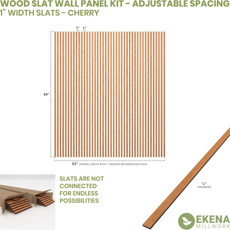 Adjustable Wood Slat Wall Panel Kit, Cherry, 1"W x 94"H x 0.25"T