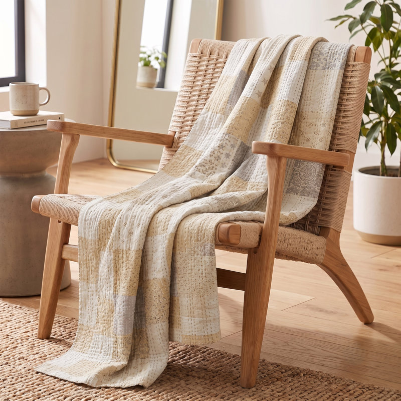 Jeté en coton Kantha Advika, Beige