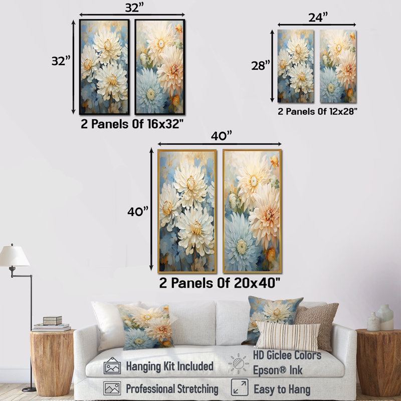 «Blooming White Mums» sur fond bleu - Ensemble de 2 reproductions d'art mural «Mums», Toile tendue, H 28 po x l 25 po