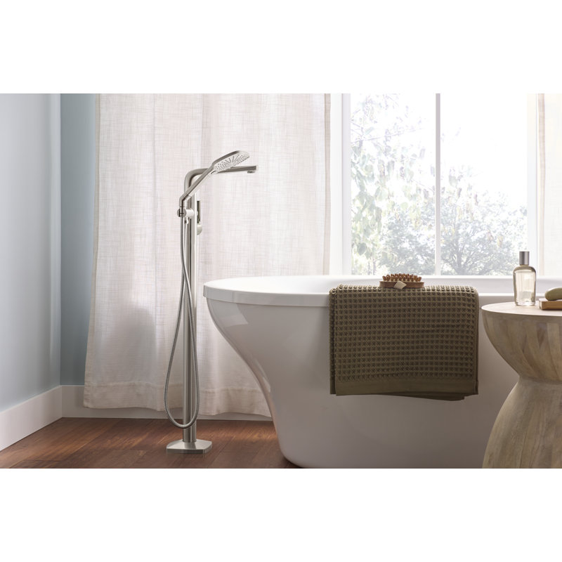 Transitional 1-Handle Freestanding Floor Mount Tub Filler Trim Kit with 1.75 GPM Soft Square Hand Shower, Brushed Nickel
