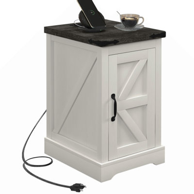 End Table With Charging Station And USB Ports, Farmhouse Side Table With Storage Cabinet  , Distressed
