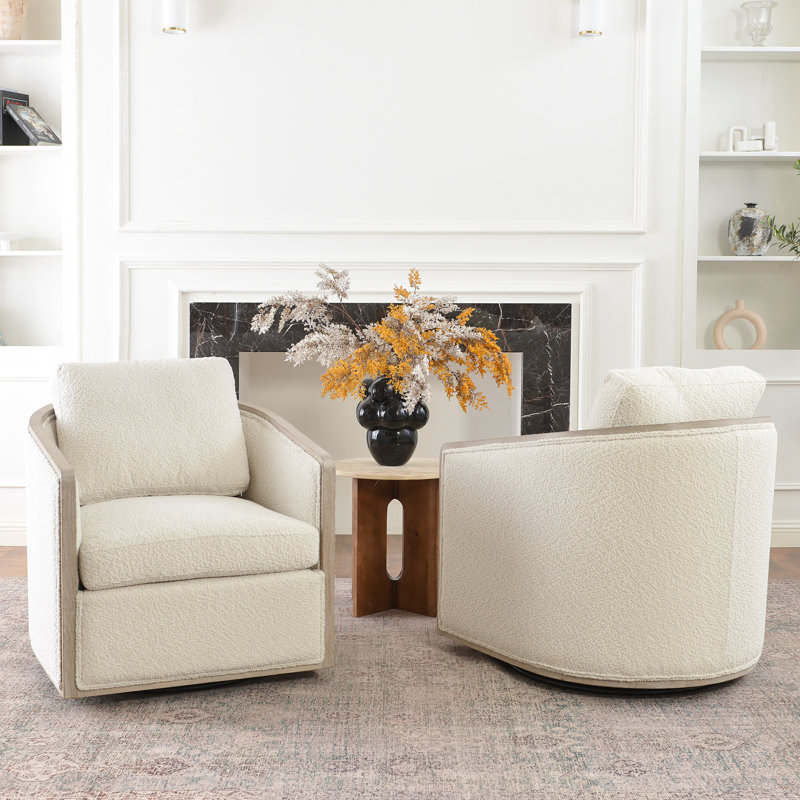 Holl Two Pieces 30" Wide Performance Fabric Upholstered Swivel Chair, No Assembly Required, White Boucle