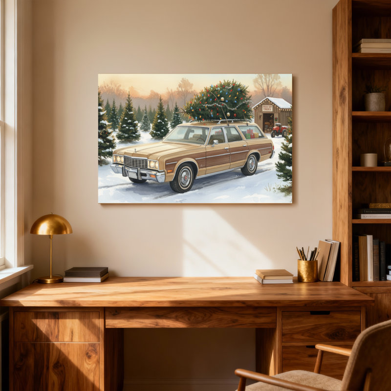 Scène d'hiver de Noël arbre de Noël voiture rétro, H 28 po x l 40 po