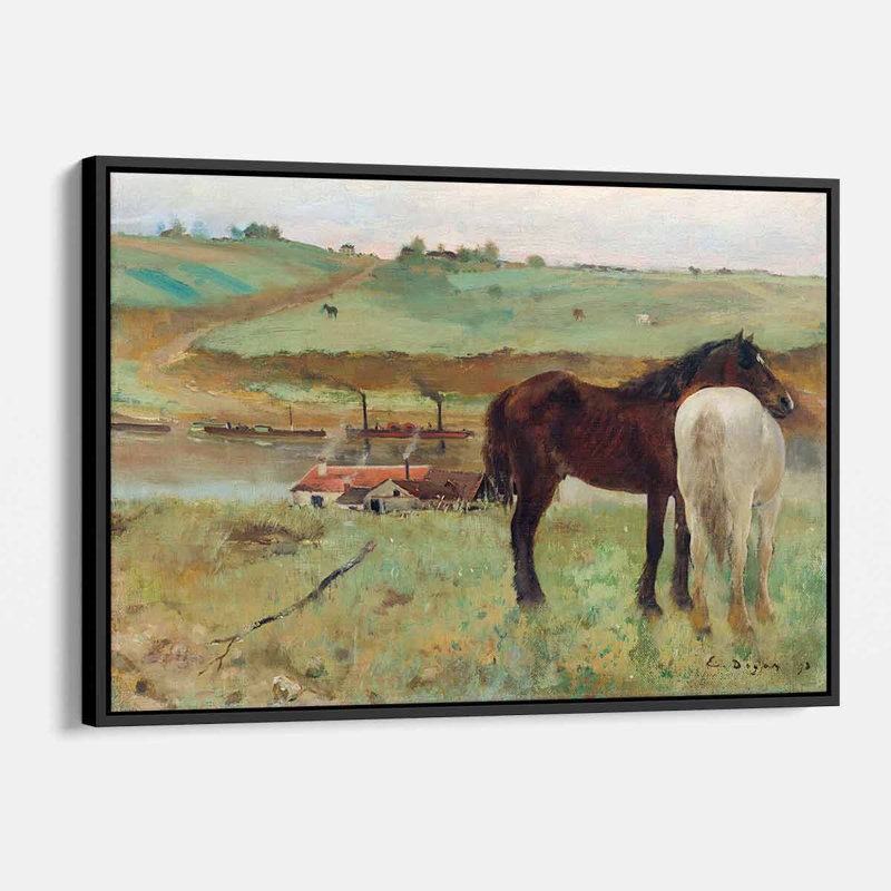 Cheval brun, art mural 4840, H 12 po x l 16 po, Cadre flottant noir