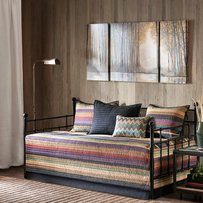 Housse de lit de jour 6 pièces, réversible à rayures multicolores, taille matelas simple, comprend la housse, 3 taies d'oreiller, un coussin décoratif, lavable à la machine, motif à rayures, taille adaptée.