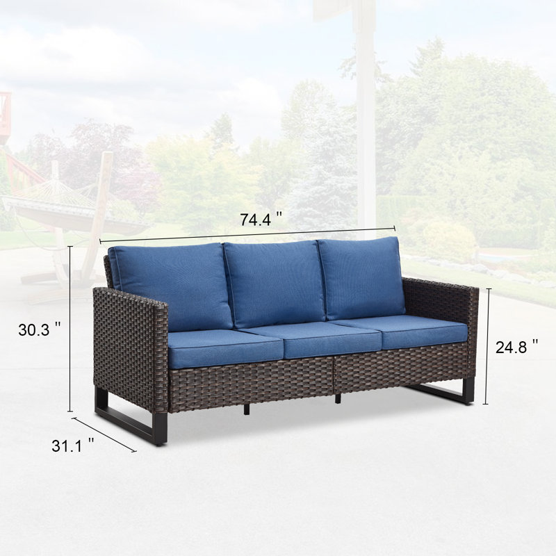 Ingvald 74.4'' Wide Outdoor Rectangle Patio Sofa with Cushions, Blue/Brown