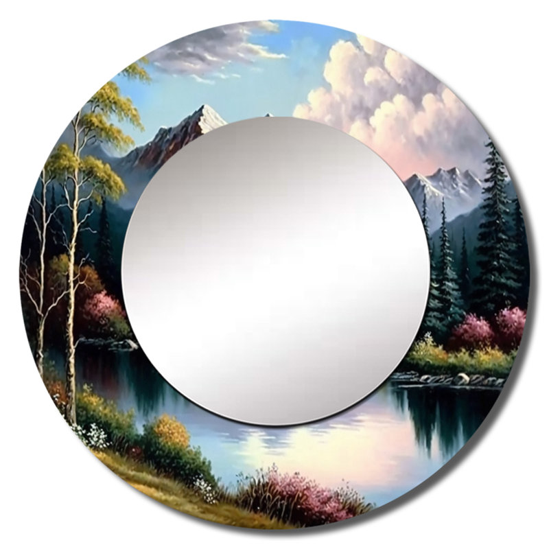 Rivière quiétude dans l'après-midi - miroir de montagnes, miroir mural rond vert unique, impression sur métal, 23 po x 23 po