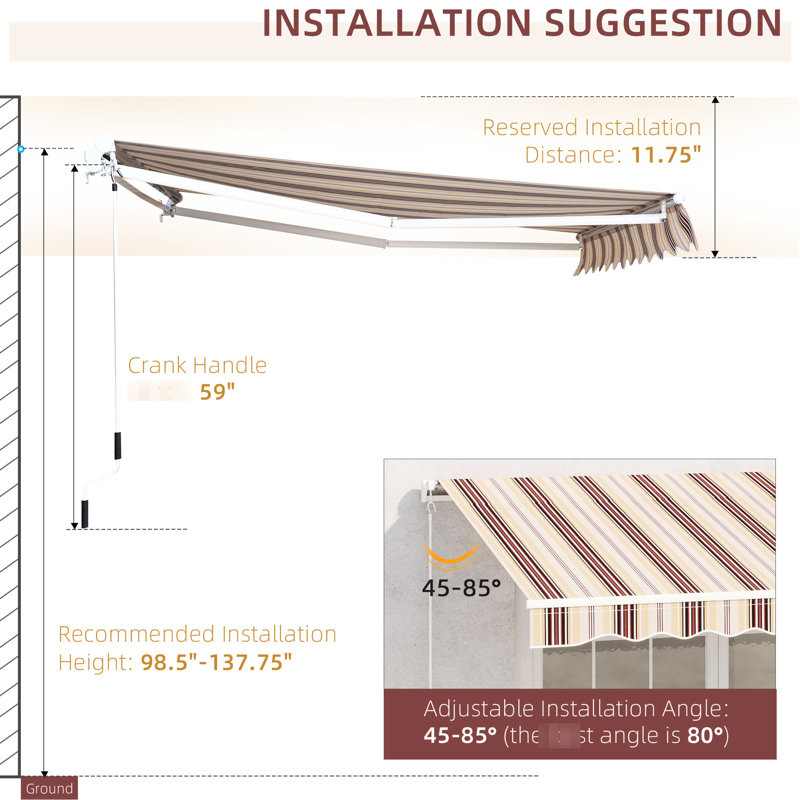 Auvent rétractable 13 'x 8' pour patio - et eau -, cadre en aluminium, manivelle manuelle, manivelle de balcon pour terrasse