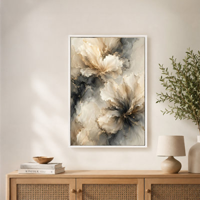 Art mural sur toile à motif floral abstrait beige et gris avec cadre flottant, prêt à être accroché