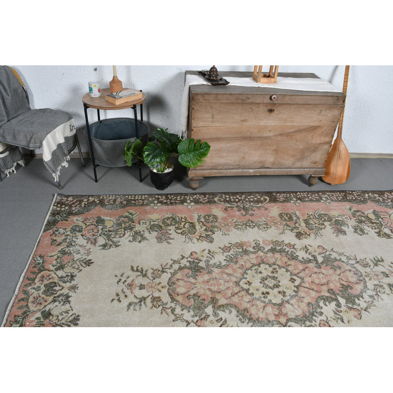 Grand tapis turc vintage en laine Anatolian Oushak beige avec motif floral complexe beige / vert