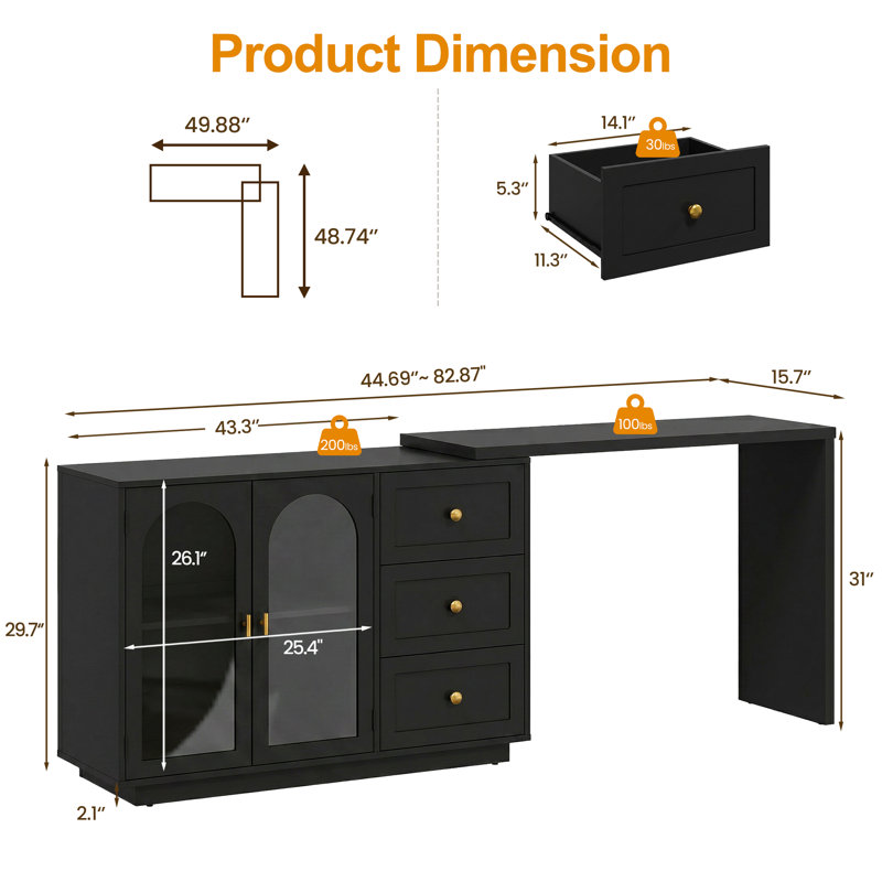 Meuble-lavabo extensible Yokota avec 3 tiroirs et 2 portes en acrylique, Black