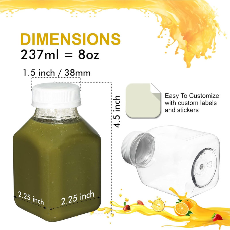 Bouteilles à jus en plastique transparent avec bouchons 8 oz Ecoqualité - pour jus, lait, smoothies, pique-nique et préparation de repas (160)