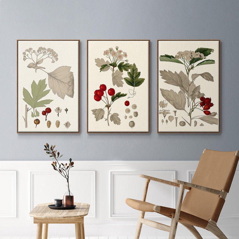 Feuilles et baies I, ensemble de 3 toiles encadrées, H 40 po x l 78 po, Cadre noyer