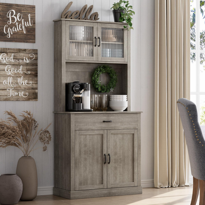 Armoire de cuisine, armoire de rangement haute avec support à micro-ondes, buffet autoportant, Naturel / naturel